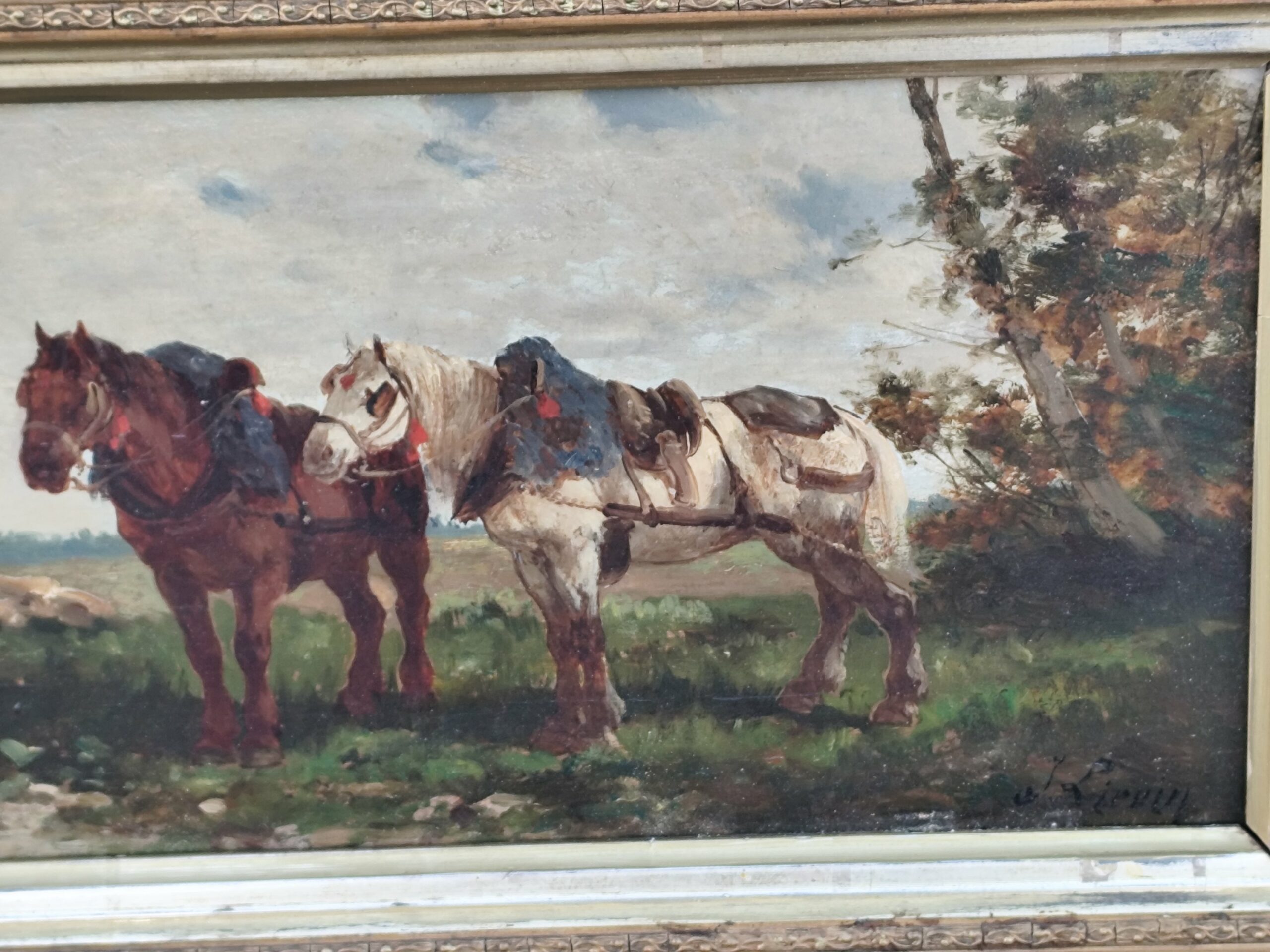 Peinture animalière scène de campagne chevaux de traits scène du travail agricole , attelage des chevaux de traits par Eugène Galien-laloue